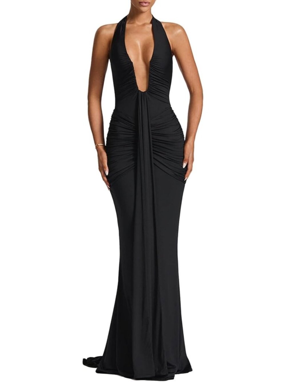 Women's Black V Neck Ruched Polyester Sleeveless Halter Cocktail Maxi Dress